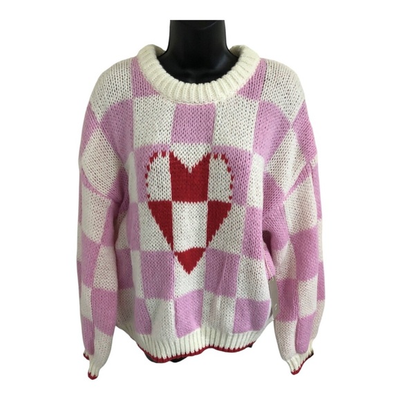 Luna Ivy pink white checkered red white heart‎ crochet style sweater size medium - Picture 1 of 12